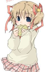 Rule 34 | 1girl, blue eyes, blush, bread, brown hair, eating, food, kamikita komari, little busters!, looking at viewer, makiemon, melon bread, short hair, simple background, sketch, skirt, solo, twintails, white background