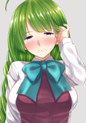 Rule 34 | 10s, 1girl, absurdres, adjusting hair, ahoge, blue eyes, blush, bow, bowtie, braid, breasts, dress, go-1, green hair, tucking hair, half-closed eyes, highres, kantai collection, large breasts, lips, long hair, long sleeves, looking at viewer, mole, mole under mouth, school uniform, shirt, simple background, single braid, sleeveless, sleeveless dress, smile, solo, white shirt, yuugumo (kancolle)