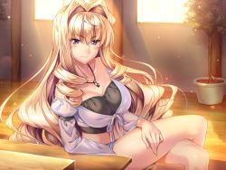 Rule 34 | 1girl, aozora stripe, blonde hair, blush, breasts, cleavage, collarbone, game cg, jewelry, large breasts, long hair, looking at viewer, necklace, osakabe mahiro, piromizu, purple eyes, sitting, smile, solo, very long hair