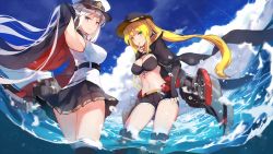 Rule 34 | 2girls, :q, adjusting hair, arm behind head, armpits, azur lane, bare shoulders, bikini, bikini top only, black gloves, black neckwear, blonde hair, blue sky, blush, breasts, cape, cleavage, closed mouth, cowboy hat, day, enterprise (azur lane), finger to mouth, fingerless gloves, gloves, gold trim, green eyes, hat, highres, hornet (azur lane), large breasts, long hair, looking at viewer, machinery, miniskirt, multiple girls, natsumoka, navel, necktie, ocean, outdoors, peaked cap, purple eyes, rigging, shirt, shorts, silver hair, skirt, sky, sleeveless, sleeveless shirt, smile, splashing, stomach, sunlight, swimsuit, thighhighs, tongue, tongue out, twintails, very long hair, wading, water drop, white shirt