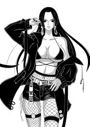 Rule 34 | 1girl, absurdres, black hair, boa hancock, breasts, cleavage, curvy, highres, huge breasts, large breasts, long hair, looking at another, looking back, one piece, underboob