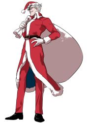 Rule 34 | 1boy, absurdres, bad id, bad twitter id, carrying over shoulder, facial hair, fate/grand order, fate (series), full body, fur trim, glasses, hand on own hip, hat, highres, james moriarty (archer) (fate), male focus, mustache, nippar, sack, santa costume, santa hat, simple background, smile, solo, white background