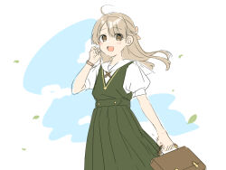 Rule 34 | 1girl, :d, ahoge, blush, briefcase, brown eyes, brown hair, dress, floating hair, green dress, highres, holding, kisaragi hina, long hair, looking at viewer, open mouth, original, parted bangs, pinafore dress, pleated dress, puffy short sleeves, puffy sleeves, school briefcase, school uniform, shirt, short sleeves, sleeveless, sleeveless dress, smile, solo, white background, white shirt
