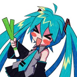 Rule 34 | &gt; &lt;, 1girl, ahoge, bare shoulders, black skirt, blue necktie, blush stickers, collared shirt, commentary, cryptidhermit, detached ahoge, detached sleeves, english commentary, food, grey shirt, hair between eyes, hatsune miku, holding, holding food, holding spring onion, holding vegetable, necktie, open mouth, pleated skirt, shirt, simple background, skirt, solo, spring onion, tie clip, twintails, vegetable, vocaloid, white background