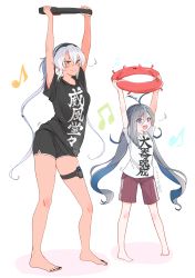 Rule 34 | 2girls, abyssal ship, ahoge, ahoge wag, alternate costume, barefoot, black shirt, black shorts, blouse, blue hair, blush, breasts, clothes writing, commentary request, contrapposto, dark-skinned female, dark skin, enemy lifebuoy (kancolle), expressive hair, flying sweatdrops, full body, glasses, grey hair, highres, holding, joy-con, kantai collection, kiyoshimo (kancolle), long hair, low twintails, multicolored hair, multiple girls, musashi (kancolle), musashi kai ni (kancolle), musical note, nail polish, open mouth, ring-con, ring fit adventure, shadow, shirt, shitty t-shirt naval base, short sleeves, shorts, simple background, smile, standing, t-shirt, thigh strap, toenail polish, toenails, translation request, twintails, white hair, white shirt, yunamaro