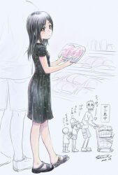 Rule 34 | 1boy, 1girl, black dress, black hair, blush, brown eyes, commentary request, dress, expressionless, floral print, food, full body, long hair, looking at viewer, meat, nonohara miki, original, print dress, sandals, skeleton, solo focus, standing, translation request