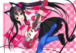 Rule 34 | 1girl, animal ears, ass, bad id, bad pixiv id, black eyes, black hair, blue pantyhose, cable, cat ears, cat tail, flower, guitar, hair flower, hair ornament, instrument, k-on!, koi (koisan), latex, leggings, lifted by tail, listen!!, long hair, midriff, nakano azusa, pantyhose, polka dot, smile, solo, standing, standing on one leg, tail, twintails
