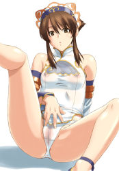 Rule 34 | 1girl, bare shoulders, brown eyes, brown hair, censored, chai xianghua, china dress, chinese clothes, covered erect nipples, dress, female masturbation, kansuke, leg lift, lingerie, looking at viewer, masturbation, mosaic censoring, panties, pussy, see-through, sitting, solo, soul calibur, soulcalibur, soulcalibur ii, spread legs, underwear, white panties