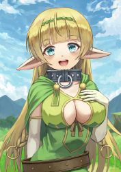Rule 34 | 1girl, belt, blonde hair, blush, braid, breasts, cape, cleavage, cleavage cutout, clothing cutout, cloud, collar, commentary request, day, dress, elf, fagi (kakikaki), green cape, green dress, hairband, hand on own chest, isekai maou to shoukan shoujo no dorei majutsu, large breasts, long hair, looking at viewer, metal collar, open mouth, outdoors, pointy ears, shera l. greenwood, smile, solo, standing, upper body