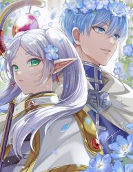 Rule 34 | 1boy, 1girl, blue eyes, blue flower, blue shirt, cape, capelet, closed mouth, commentary request, earrings, elf, flower, frieren, gold trim, green eyes, grin, hair between eyes, hair flower, hair ornament, head wreath, height difference, highres, himmel (sousou no frieren), holding, holding staff, jewelry, long hair, looking at viewer, matsurika youko, mole, mole under eye, pointy ears, shirt, short hair, signature, smile, sousou no frieren, staff, twintails, white cape, white capelet, white hair, white shirt