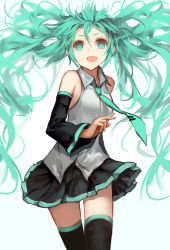 Rule 34 | 1girl, :d, aqua eyes, aqua hair, bare shoulders, black thighhighs, detached sleeves, gradient background, hatsune miku, long hair, long sleeves, looking at viewer, necktie, open mouth, shirt, short eyebrows, skirt, smile, solo, thighhighs, thighs, twintails, very long hair, vocaloid, wide sleeves, zen33n, zettai ryouiki