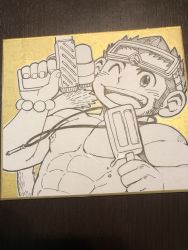 Rule 34 | 1boy, :d, abs, blush, bracelet, commentary request, ei (marutendon), facial mark, food, goggles, goggles on head, hanuman (housamo), highres, holding, holding food, holding water gun, jewelry, long sideburns, looking at viewer, monkey boy, monkey tail, necklace, nib pen (medium), nipples, one eye closed, open mouth, painting (medium), pectorals, photo (medium), popsicle, shikishi, short hair, sideburns, smile, solo, tail, tokyo houkago summoners, toned, toned male, topless male, traditional media, upper body, water gun, yellow background