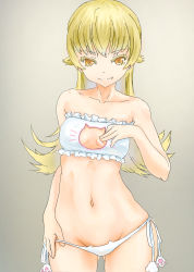 Rule 34 | 1girl, bakemonogatari, blonde hair, bra, breasts, brown background, cat cutout, cat ear panties, cat lingerie, cleavage cutout, closed mouth, clothing cutout, collarbone, commentary request, cowboy shot, fang, frilled bra, frills, gluteal fold, hand on own chest, highres, lingerie, long hair, looking at viewer, lowleg, lowleg panties, meme attire, monogatari (series), navel, oshino shinobu, panties, panty pull, side-tie panties, small breasts, smile, soil (doitakumi11), solo, standing, strapless, strapless bra, traditional media, underwear, underwear only, white bra, white panties, yellow eyes