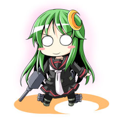 Rule 34 | &gt;:), 10s, 1girl, arm cannon, blush stickers, chibi, crescent, crescent hair ornament, green hair, hair ornament, ichimi, kantai collection, long hair, looking at viewer, nagatsuki (kancolle), neckerchief, o o, school uniform, serafuku, simple background, smile, solo, turret, v-shaped eyebrows, weapon, white background, white neckerchief