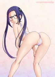 Rule 34 | 1girl, ass, bare arms, bare legs, bare shoulders, bikini, black-framed eyewear, blue hair, brown eyes, closed mouth, eyes visible through hair, female focus, geewhy, glasses, highres, long hair, looking back, oogaki chiaki, partially visible anus, partially visible vulva, patreon, smile, solo, standing, swimsuit, twintails, watermark, web address, white bikini, yurucamp