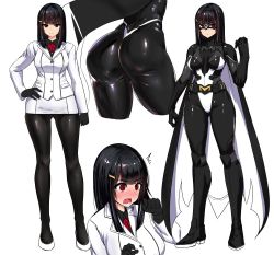 Rule 34 | 1girl, ass, black hair, black pantyhose, blush, bodysuit, breasts, cape, character sheet, closed mouth, domino mask, full body, hair ornament, hairclip, hand on own hip, ishimiso (ishimura), large breasts, long hair, looking at viewer, mask, multiple views, open mouth, original, pantyhose, pencil skirt, red eyes, shiny clothes, skin tight, skirt, spandex, superhero costume, wavy mouth