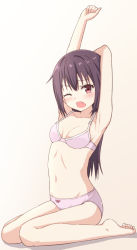 Rule 34 | 1girl, armpits, blush, breasts, collarbone, fang, highres, long hair, looking at viewer, navel, one eye closed, open mouth, original, panties, purple hair, simple background, sitting, small breasts, solo, takasuma hiro, underwear, waking up, wariza