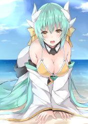 Rule 34 | 1girl, absurdres, all fours, aqua hair, bare shoulders, beach, bikini, blue sky, blush, bow, breasts, cleavage, day, fate/grand order, fate (series), hair bow, hanging breasts, highres, horns, japanese clothes, kiyohime (fate), kiyohime (fate/grand order), kiyohime (swimsuit lancer) (fate), kiyohime (swimsuit lancer) (first ascension) (fate), long hair, looking at viewer, medium breasts, ocean, off shoulder, open mouth, outdoors, ponytail, ribbon, round teeth, sand, sky, smile, solo, sun, sunlight, swimsuit, teeth, water, yellow eyes, yuzuru (hayuiop123)