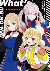 Rule 34 | 3girls, ahoge, black choker, black jacket, blonde hair, blue dress, blue jacket, blue nails, blunt bangs, blush, brown eyes, choker, claw pose, commentary request, cosplay, denonbu, dress, eyes visible through hair, grey hair, hair over one eye, hand on own chest, headphones, headphones around neck, heterochromia, highres, hoshikawa sara, houou karin, houou karin (cosplay), jacket, light brown hair, long hair, long sleeves, looking at viewer, midriff, multiple girls, nail polish, nijisanji, nonkomu (furiten5553), open clothes, open jacket, open mouth, parted bangs, pink eyes, pink nails, seto mitsuki (denonbu), seto mitsuki (denonbu) (cosplay), sister claire, smile, sukoya kana, taiga lucia, taiga lucia (cosplay), twintails, two-tone shirt, v, virtual youtuber, voice actor connection, white jacket, yellow eyes