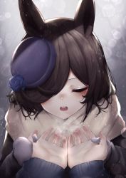 Rule 34 | 1girl, 1other, absurdres, animal ears, black hair, black headwear, black jacket, blue flower, blue rose, blush, breath, breathing on hands, brown scarf, closed eyes, commentary request, enpera, flower, hair over one eye, hat, hat flower, highres, hinamayo, horse ears, jacket, long sleeves, mittens, open mouth, out of frame, pov, pov hands, rice shower (umamusume), rose, scarf, solo focus, teeth, tilted headwear, umamusume, upper body, upper teeth only, white mittens