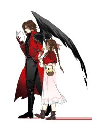 Rule 34 | 1boy, 1girl, aerith gainsborough, armor, black feathers, black pants, black shirt, black wings, blue eyes, book, boots, bracelet, braid, braided ponytail, brown hair, chest strap, cropped jacket, dress, duoj ji, feathered wings, feathers, final fantasy, final fantasy vii, final fantasy vii remake, flower, flower basket, from side, full body, genesis rhapsodos, green eyes, hair ribbon, hand in pocket, highres, holding, holding book, holding flower, jacket, jewelry, long hair, long sleeves, pants, parted bangs, pink dress, pink ribbon, red jacket, ribbon, shirt, shoulder armor, single wing, smile, square enix, turtleneck, walking, white background, wings, yellow flower
