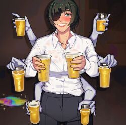 Rule 34 | 1girl, alcohol, beer, beer glass, black hair, blush, bra, bra visible through clothes, censored, chainsaw man, collarbone, collared shirt, commentary, dark background, english commentary, extra arms, eyepatch, green eyes, highres, himeno (chainsaw man), indoors, long sleeves, looking at viewer, mosaic censoring, open collar, pants, rainbow, see-through, see-through shirt, shirt, short hair, smile, solo, sparkle, sweat, sweaty clothes, underwear, vomit, vomiting rainbows, white shirt, yuqi non