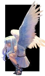 Rule 34 | 1girl, 64kawa4, angel wings, armlet, bare shoulders, caren hortensia, caren hortensia (amor caren), caren hortensia (amor caren) (first ascension), dress, expressionless, fate/grand order, fate (series), feathered wings, full body, gladiator sandals, hair intakes, highres, long hair, looking to the side, sandals, solo, squatting, two-tone background, white dress, white hair, white wings, wings, yellow eyes
