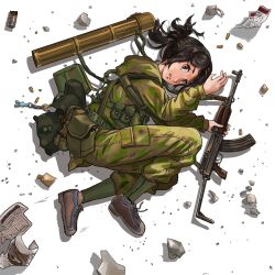 Rule 34 | 1girl, ammunition pouch, bag, brown footwear, buckle, camouflage, debris, gun, hair ornament, hairclip, highres, hood, hood down, load bearing equipment, military, military uniform, multicolored pants, nikolai ezhov, on ground, open bag, original, pants, pants tucked in, pouch, rocket launcher, rpg (weapon), snap-fit buckle, uniform, vz. 58, weapon