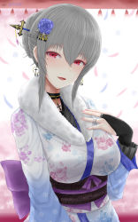 Rule 34 | 1girl, archstreal, azur lane, bow, breasts, choker, cross, cross necklace, earrings, grey hair, hair bow, hair ornament, hand on own chest, happy new year, highres, japanese clothes, jewelry, kimono, long hair, looking at viewer, mole, mole under eye, necklace, new year, open mouth, ornate ring, red eyes, ring, saint-louis (azur lane), simple background, smile, solo, wedding ring