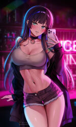 Rule 34 | 1girl, bare shoulders, black jacket, black shorts, blue eyes, blunt bangs, blush, bocchi the rock!, breasts, cellphone, chin piercing, choker, cleavage, collarbone, cropped shirt, cutoffs, earrings, foxyreine, grey shirt, highres, jacket, jewelry, large breasts, long hair, long sleeves, looking at viewer, midriff, navel, navel piercing, off shoulder, open clothes, open jacket, pa-san, parted lips, phone, piercing, shirt, short shorts, short sleeves, shorts, solo, thighs