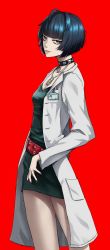 Rule 34 | 1girl, absurdres, bad id, bad pixiv id, bare legs, black choker, black dress, black hair, blunt bangs, breasts, choker, cleavage, dress, highres, kyonamu, lab coat, long sleeves, looking at viewer, nail polish, persona, persona 5, red background, red eyes, red nails, short dress, short hair, simple background, small breasts, solo, sparkle, standing, takemi tae