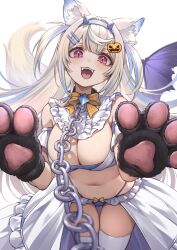 Rule 34 | 1girl, ;p, absurdres, animal ear fluff, animal ears, animal hands, blonde hair, blue hair, breasts, cleavage, curry bowl, dog ears, dog girl, dog paws, dog tail, fuwawa abyssgard, fuwawa abyssgard (1st costume), hair ornament, hairpin, highres, hololive, hololive english, large breasts, long hair, looking at viewer, multicolored fur, multicolored hair, navel, one eye closed, pink eyes, solo, streaked hair, tail, teeth, thighhighs, tongue, tongue out, upper teeth only, virtual youtuber, white background, white fur, white thighhighs