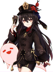 Rule 34 | 1girl, :d, black hair, black shorts, chinese clothes, commentary request, coupon, flower, genshin impact, ghost, grin, hair between eyes, hat, hat flower, hat ornament, highres, holding, holding paper, hu tao (genshin impact), linez, long hair, long sleeves, looking at viewer, open mouth, paper, red eyes, short shorts, shorts, sidelocks, simple background, smile, symbol-shaped pupils, twintails, white background
