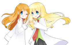 Rule 34 | 2girls, ;q, blonde hair, blue eyes, crossover, drawfag, green shirt, heart, heart hands, heart hands duo, lab coat, long hair, multiple girls, nashi (4chan), necktie, nichijou, one eye closed, orange hair, oversized clothes, pani poni dash!, professor shinonome, rebecca miyamoto, red necktie, shirt, simple background, skirt, smile, tongue, tongue out, trait connection, very long hair, white background, wink