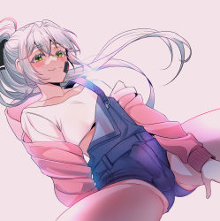 Rule 34 | 1boy, blush, bulge, cardigan, covered penis, covered testicles, crop top, echu, fang, green eyes, highres, long hair, looking at viewer, male focus, original, overall shorts, overalls, pink cardigan, ponytail, silver hair, skin fang, solo, spread legs, trap