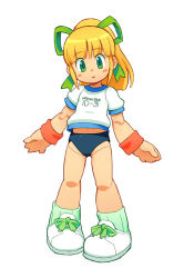 Rule 34 | 1girl, blonde hair, bow, child, clothes writing, green bow, hair bow, high ponytail, long hair, looking at viewer, mega man (classic), mega man (series), om (nk2007), open mouth, roll (mega man), simple background, solo, standing, white background