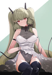 Rule 34 | 1girl, absurdres, armband, black armband, black ribbon, black thighhighs, breasts, brown dust 2, cleavage, doll joints, dress, eyebrows hidden by hair, feet out of frame, gloves, green hair, grey leotard, groin, hair between eyes, hair ornament, hair ribbon, highleg, highleg leotard, highres, joints, large breasts, lecliss (brown dust), leotard, long hair, looking at viewer, multiple bracelets, neck ribbon, red eyes, ribbon, simple background, sitting, solo, thighhighs, twintails, user zdec5755, very long hair, white dress, white gloves