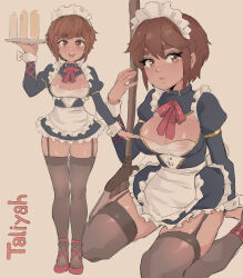 Rule 34 | 1girl, absurdres, alternate costume, apron, black dress, blush, breasts, brown eyes, brown hair, brown thighhighs, cafin, character name, cleavage, dress, enmaided, freckles, frilled dress, frills, garter straps, hair between eyes, hand up, highres, holding, holding tray, juliet sleeves, large breasts, league of legends, long sleeves, maid, maid headdress, multiple views, puffy sleeves, shiny skin, short dress, short hair, sitting, taliyah, thighhighs, tray, waist apron, wariza, white apron