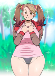 Rule 34 | 10s, 1girl, breasts, brown eyes, brown hair, gundam, gundam build fighters, gundam build fighters try, hair ornament, huge breasts, long hair, looking at viewer, nise96, plump, sazaki kaoruko, smile, solo, standing, tetrodotoxin, thick thighs, thighs, twintails, wide hips