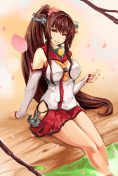 Rule 34 | 10s, 1girl, anchor, arm support, ashiyu, blouse, brown hair, cherry blossoms, closed mouth, clothing cutout, commentary request, detached sleeves, flower, hair flower, hair ornament, headgear, highres, kantai collection, leaning back, light smile, long hair, looking at viewer, miniskirt, nagasawa tougo, neckerchief, orange neckerchief, pleated skirt, ponytail, red skirt, shirt, side cutout, sitting, skirt, sleeveless, sleeveless shirt, soaking feet, solo, thighs, very long hair, water, white shirt, yamato (kancolle)
