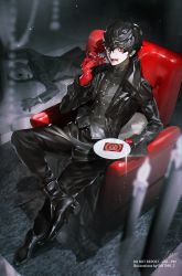 Rule 34 | 2boys, amamiya ren, black coat, black footwear, black hair, black pants, btmr game, cake, cake slice, calling card, chair, coat, eating, food, gloves, highres, holding, holding cake, holding food, jacket, licking lips, long sleeves, looking at viewer, male focus, mask, multiple boys, open clothes, open jacket, open mouth, pants, persona, persona 5, red eyes, red gloves, short hair, signature, sitting, solo focus, teeth, tongue, tongue out