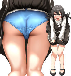 Rule 34 | 1girl, absurdres, ass, black dress, black hair, blue panties, commentary request, commission, dress, full body, grey eyes, hair ornament, hairclip, highres, kantai collection, long hair, mary janes, multiple views, official alternate costume, open mouth, oyashio (kancolle), panties, pantyshot, pixiv commission, shoes, simple background, skirt hold, sweater, underwear, white background, white sweater, zanntetu, zoom layer