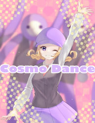 1girl 4boys blurry blurry_background braid commentary cosmo_dancer dancing english_text formal hand_up hat highres imomushi_(pixiv_13874680) long_sleeves looking_at_viewer multiple_boys necktie one_eye_closed orange_hair pink_background purple_eyes purple_hat purple_skirt red_necktie rhythm_tengoku skirt smile space_sister suit twin_braids