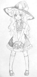 Rule 34 | 1girl, :d, apron, basket, blush, bow, commentary, dress, graphite (medium), greyscale, hat, hat bow, highres, kirisame marisa, kneehighs, long hair, looking at viewer, mary janes, monochrome, open mouth, pigeon-toed, puffy short sleeves, puffy sleeves, shoes, short sleeves, sketch, smile, socks, solo, touhou, traditional media, turtleneck, very long hair, waist apron, wavy hair, witch hat, yururi nano