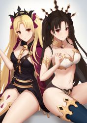 Rule 34 | 2girls, abeen jhong, armlet, asymmetrical legwear, blush, breasts, cape, cleavage, cowboy shot, crown, earrings, ereshkigal (fate), fate/grand order, fate (series), gradient background, hair ribbon, highres, hoop earrings, ishtar (fate), jewelry, looking at viewer, medium breasts, multiple girls, navel, neck ring, parted bangs, red cape, ribbon, siblings, single thighhigh, sisters, sitting, stomach, thighhighs, tiara, two side up, uneven legwear, upper body