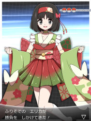 Rule 34 | 1girl, :d, absurdres, alternate costume, arrow (symbol), black hair, choker, collarbone, commentary, creatures (company), detached sleeves, erika (pokemon), furisode, game freak, green choker, grey eyes, hairband, highres, japanese clothes, kimono, looking at viewer, medium hair, multicolored clothes, multicolored skirt, nintendo, open mouth, pleated skirt, poke ball print, poke ball symbol, pokemon, pokemon lgpe, pokemon xy, red hairband, shabana may, skirt, smile, socks, solo, tongue, translated, white socks