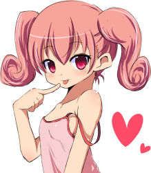 Rule 34 | 1girl, :p, bad id, bad pixiv id, bare shoulders, blush, body blush, breasts, camisole, child, curly hair, finger to mouth, flat chest, heart, looking at viewer, naughty face, no bra, off shoulder, original, pink eyes, pink hair, short hair, short twintails, sideboob, simple background, sleeveless, small breasts, solo, strap slip, take (office-t), tank top, tongue, tongue out, twintails, upper body