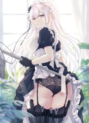 Rule 34 | 1girl, apron, ass, back bow, backlighting, black bow, black dress, black gloves, black panties, black thighhighs, blue eyes, blush, bow, clothes lift, commentary request, commission, concealed weapon, dagger, dress, dress lift, from behind, garter straps, gloves, highres, indoors, knife, lifting own clothes, long hair, long sleeves, looking at viewer, looking back, maid, maid headdress, original, panties, parted lips, pixiv commission, plant, short sleeves, silltare, silver hair, solo, thighhighs, twitter username, underwear, very long hair, waist apron, weapon, white apron, white bow, window