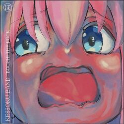 Rule 34 | 1girl, :o, album cover, album cover redraw, blue eyes, blush, bocchi the rock!, close-up, copyright name, cover, derivative work, distress, gotoh hitori, hair between eyes, highres, in the court of the crimson king, king crimson, long hair, looking away, nishizono shin, open mouth, parody, pink hair, portrait, solo