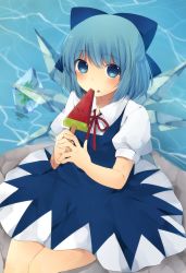 Rule 34 | 1girl, ari suzushi, bad id, bad pixiv id, blue dress, blue eyes, blue hair, bow, cirno, dress, eating, food, food on face, frog, frozen, frozen frog, hair bow, hair bun, highres, ice, ice wings, looking at viewer, matching hair/eyes, popsicle, puffy sleeves, rock, shirt, short sleeves, sitting, sitting on rock, solo, touhou, water, watermelon bar, wings